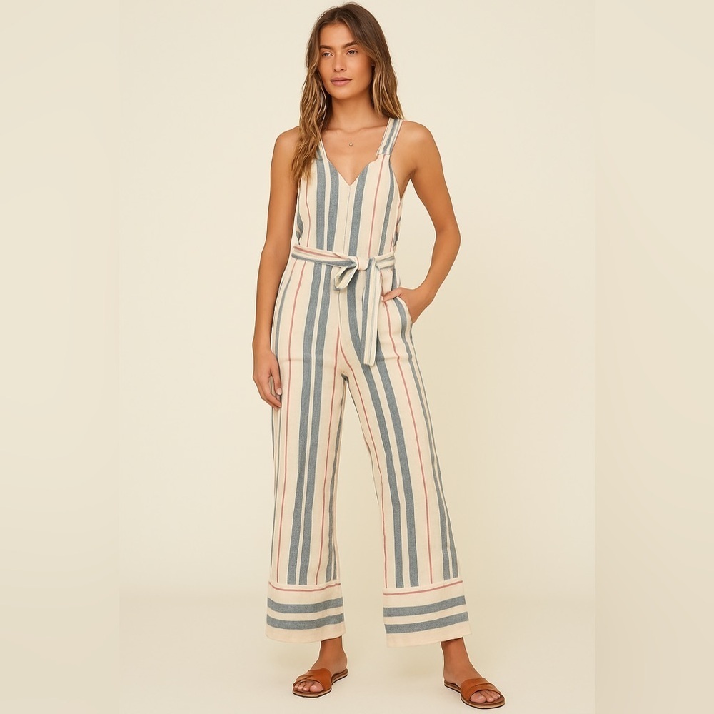 Billabong Linen Blend Striped Baggy Wide-Leg Jumpsuit Boho Coastal Casual Beach